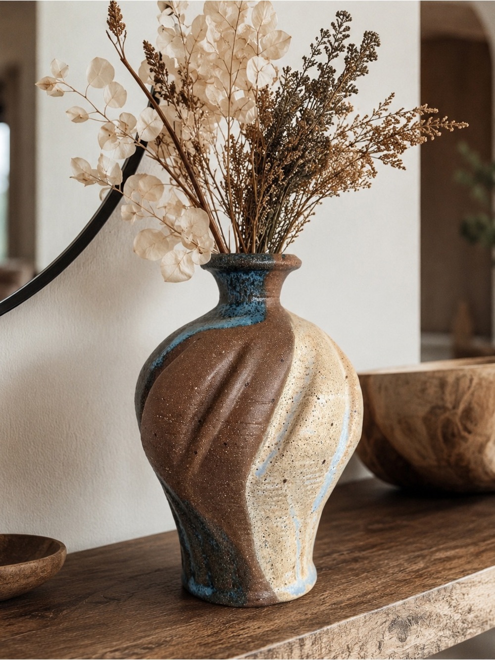 Handmade Studio Pottery Vase Signed Artisan Rustic Sculptural Blue Brown Ceramic